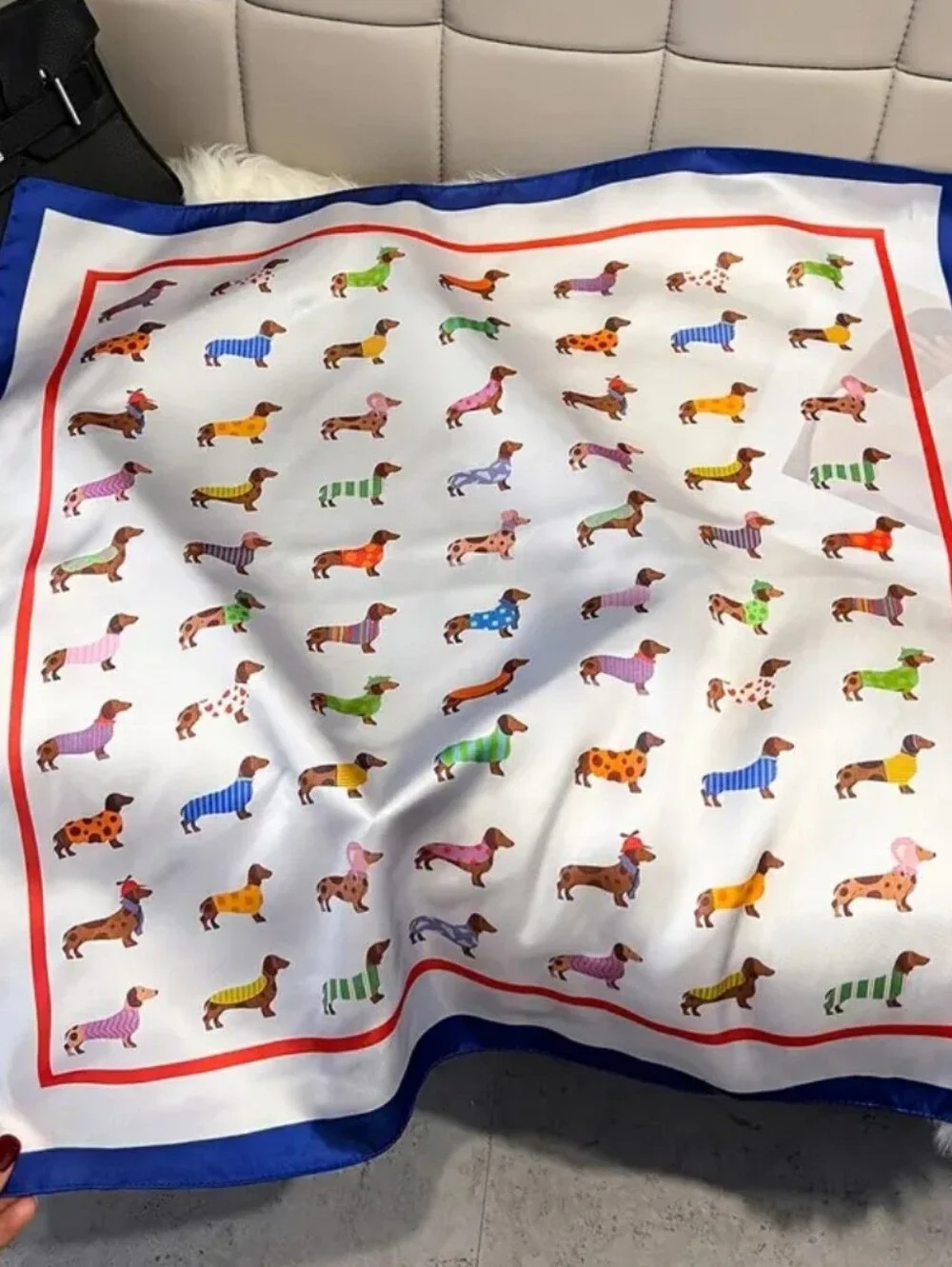 Silk-feel Dog Print Women's Scarf in White with Blue Trim